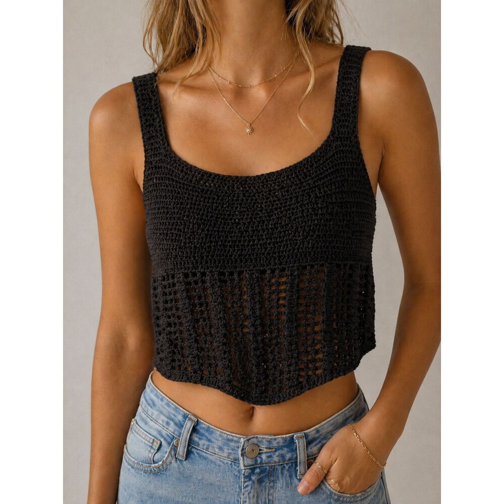 Rebellion Dreams Black Crochet Knit Tank Top Boho Festival Open Knit Crop Size S